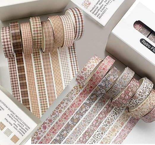16Rolls Vintage Washi Tape Set, Plaid washi Tape Thin Decorative Tapes for Arts, DIY Crafts, Journals, Planners, Wrapping Tapes for Scrapbook Supplies,Bullet,Gift Wrapping