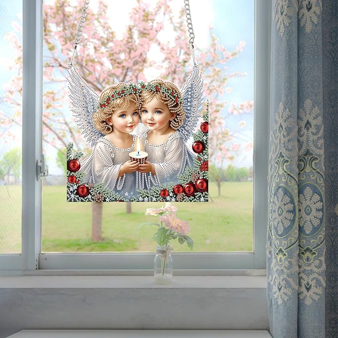 JZHYOAN Diamond Painting Art Hanging Kit Angel DIY Hanging Diamond Craft Pendant Acrylic pendant Ornaments Craft Kits Crystal Arts pendant Wind Chimes with Diamonds Art Window Pendants Craft for Adult