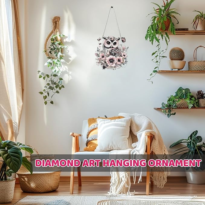 MEIYUDA Owl Diamond Art Hanging Kits for Adult, Flowers Owl Diamond Painting Hanging Kits Ornaments, DIY Special Shaped Rhinestone Window Pendants Kit for Home Garden Wall Decor Gift