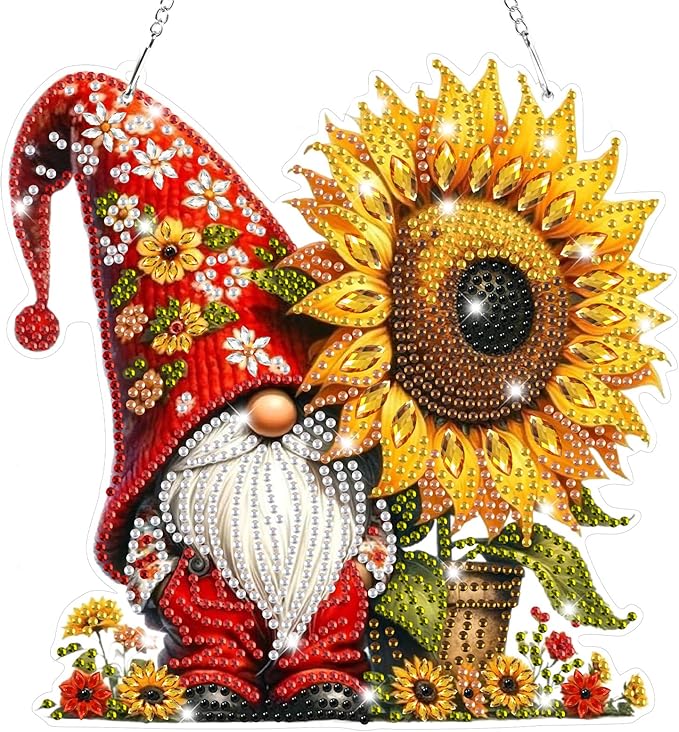 Bowetile Gnome Diamond Art Hanging Kits for Adults, 5D Special Shape Diamond Painting Sunflowers Pendant Kits, Gem Art Suncatchers Painting Window Ornament for Home Garden Wall Decor