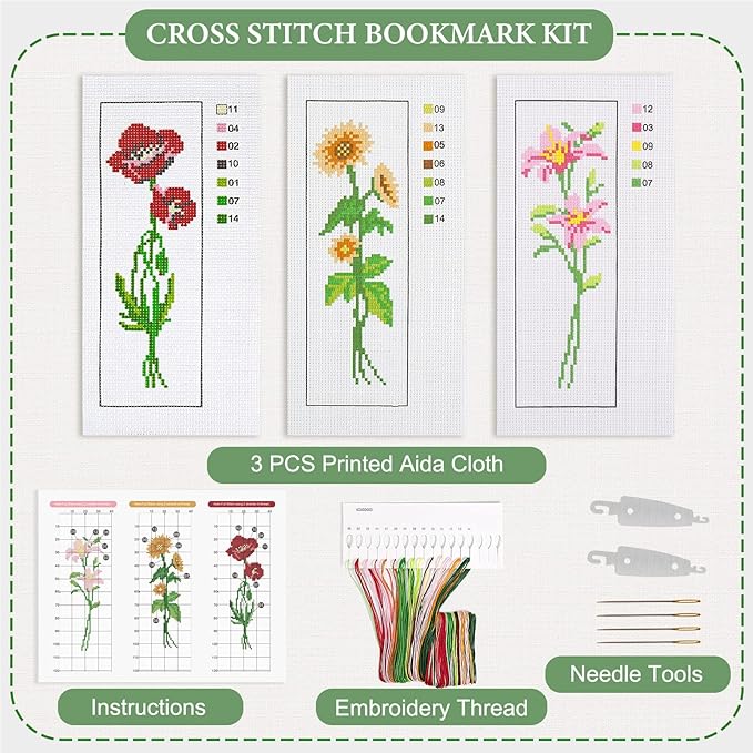 Caydo 3 Pieces Cross Stitch Bookmark Kits, DIY Stamped Embroidery Bookmark Kit for Beginner Flower Patterns 14 Count Crossstitch Projects for Book Lovers