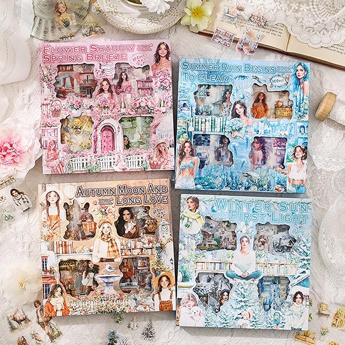 500PCS Scrapbook Supplies Stickers Kit, Snow House Landscape People Transparent Waterproof Stickers for Junk Journals, Aesthetic Scrapbooking Supplies for Decoration Art Crafts, Planners, Laptop