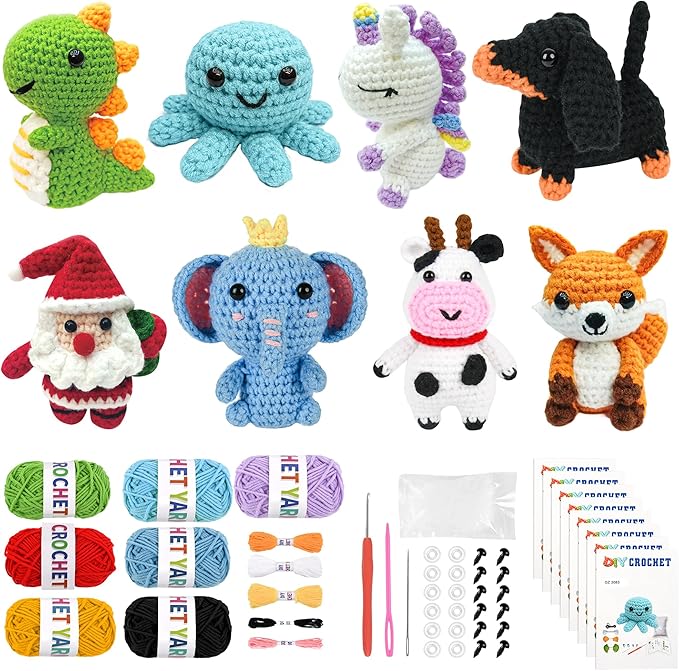 8Pcs Crochet Kit for Beginners, 2026 Great Christmas Gift for Crochet Lovers, DIY Craft for Adults and Kids, Crocheting Animal Kits with Step by Step Videos, Yarn, Crochet Hook, Birthday Holiday Gift