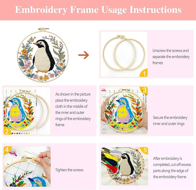 Zhenqing 4-Piece Animal Cross Stitch Kit for Beginners - Complete Set with Pre-Printed 11CT 24x24cm Fabric, Hoop & Tools (Penguin, Sloth, Cow, Deer Designs)(70405)