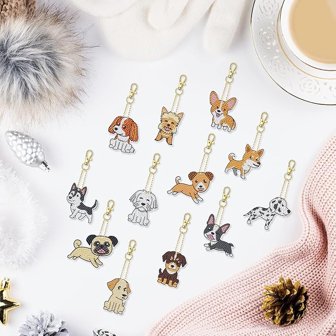 12 Pcs Dog Diamond Keychains Kit DIY Cute Dog Diamond Keychains Dog Diamond Keychain for Beginners Adults and Kids Art Craft Supplies Gift