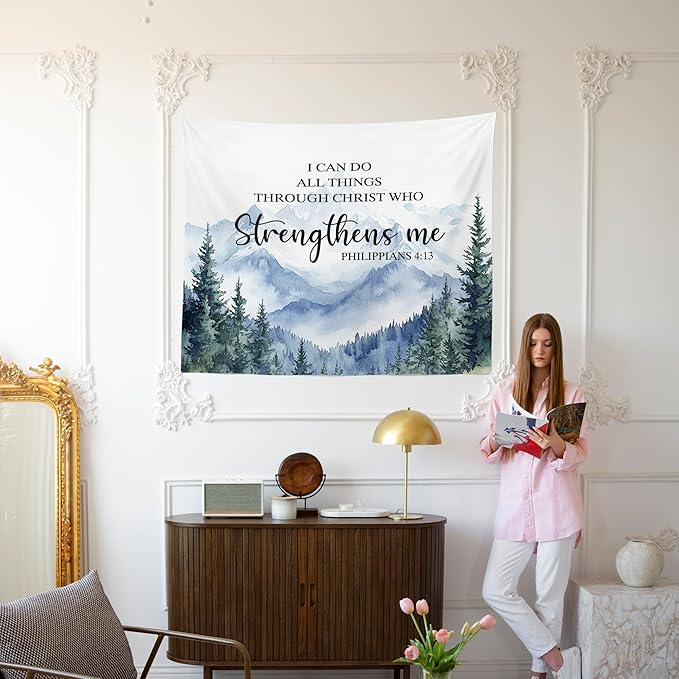 MNASAIOO Christian Mountian Woods Wall Tapestry Hanging for Bedroom, Bible Verse Scripture I can Do All Things through Christ Tapestries, Watercolor Wall Decor for Living Prayer Room Church 50x60in