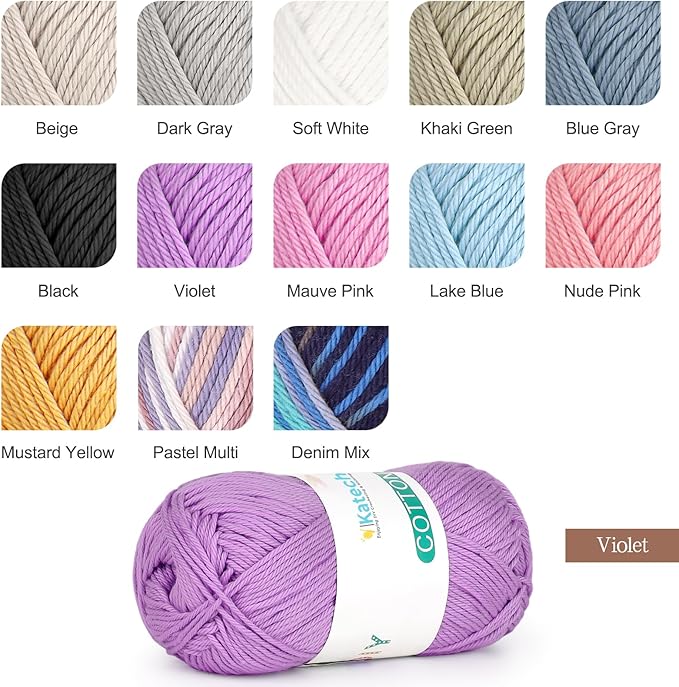 Katech Pure Cotton Yarn for Crocheting & Knitting–Soft Sport Weight CYC #2, 6 Skeins (50g Each, 300g Total), Ideal Crochet Yarn for Dishcloths, Baby Clothes, Socks, Lightweight Scarves（Violet ）