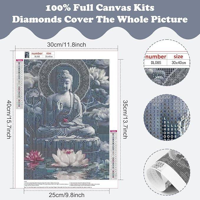 SENQAO Buddha Diamond Art Kits for Adults, Lotus Diamond Painting Kit for Beginners, Round 5D DIY Diamond Dots, Full Drill Painting Kit Art and Crafts for Adults Home Wall Decor 12x16inch