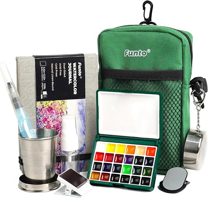 Funto Mini Watercolor Paint Set, All-in-One 24-Color Travel Paint Kit, with Crossbody Bag, Watercolor Journal, Paint Water Cup, Pocket Set for Artists