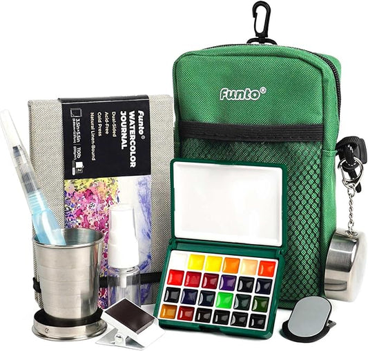 Funto Mini Watercolor Paint Set, All-in-One 24-Color Travel Paint Kit, with Crossbody Bag, Watercolor Journal, Paint Water Cup, Pocket Set for Artists