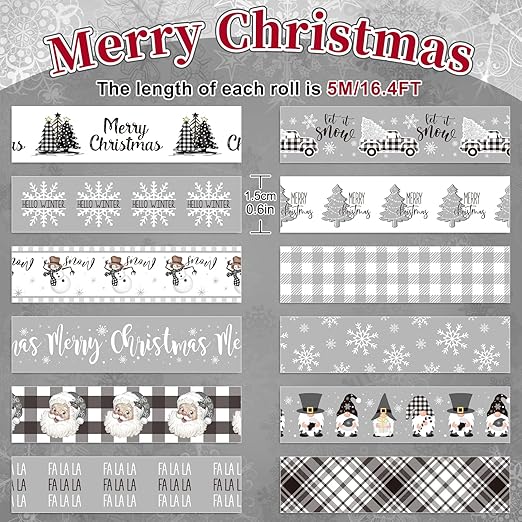 Whaline 12 Rolls Christmas Washi Tape Grey Farmhouse Washi Tape Assorted Xmas Masking Decorative Party Gift Paper Tape for DIY Craft Scrapbook Decor Party Favor Supplies
