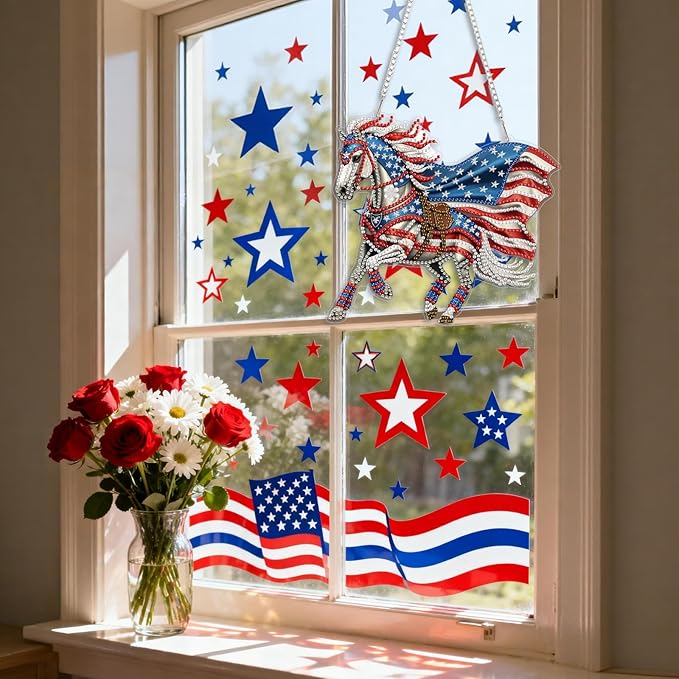 CEOVR 4th of July Hanging Diamond Art for Adults, American Flag Horse Diamond Painting Pendant DIY Gem Art Wall Hanging Ornament, Acrylic Home Garden Decor with Chain, Box Kit 7.78×7.14inch