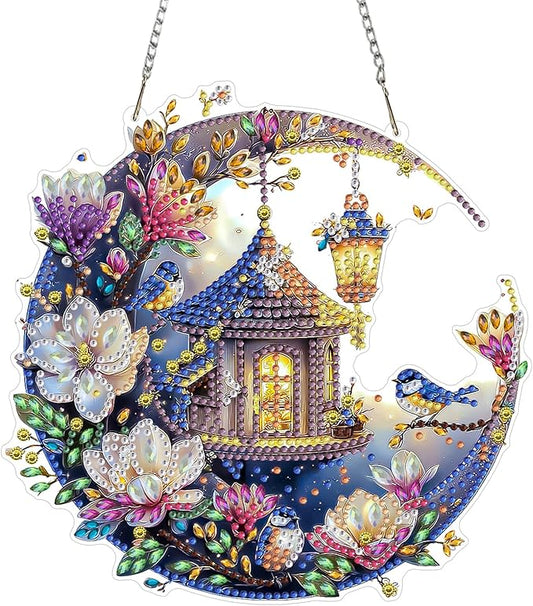 MAXBYE Diamond Art Painting Kits Hanging Flowers and Bird Pendant, DIY 5D Special Shaped House and Moon Gem Art Craft Diamond Dots for Adults and Home Window Door Decor