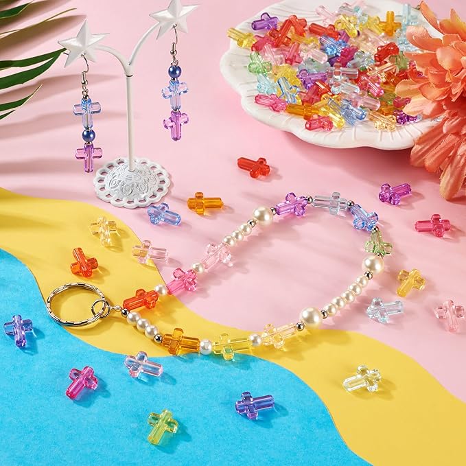 FASHEWELRY 200Pcs Candy Color Acrylic Cross Beads Clear Small Crosses Spacer Beads Transparent Acrylic Pony Bead Cute Bead Bulk for Bracelet Necklace Jewelry Making