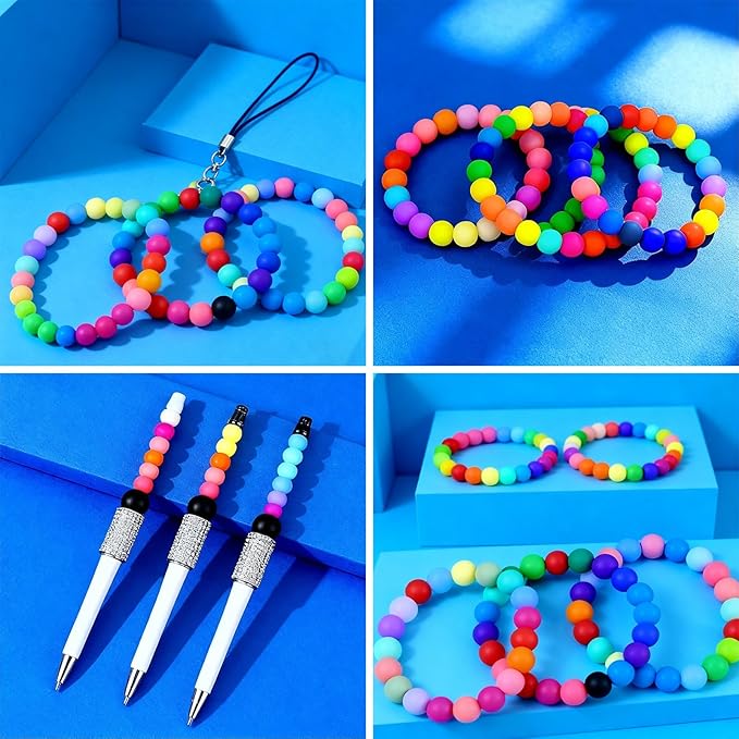 192pcs silicone beads 15mm for keychain making kit, 24 colors focal rubber beads neatly organized, round colorful bead, bulk for pens, diy, necklace, bracelet making kit, jewelry, art crafts
