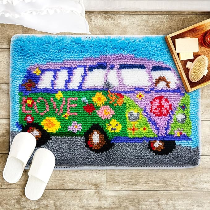 LAPATAIN Latch Hook Kits DIY Crochet Yarn Kits,Flower Car Carpet Embroidery Hook Rug Kit Needlework Sets Cushion for Adults Home Decor 20x15inch