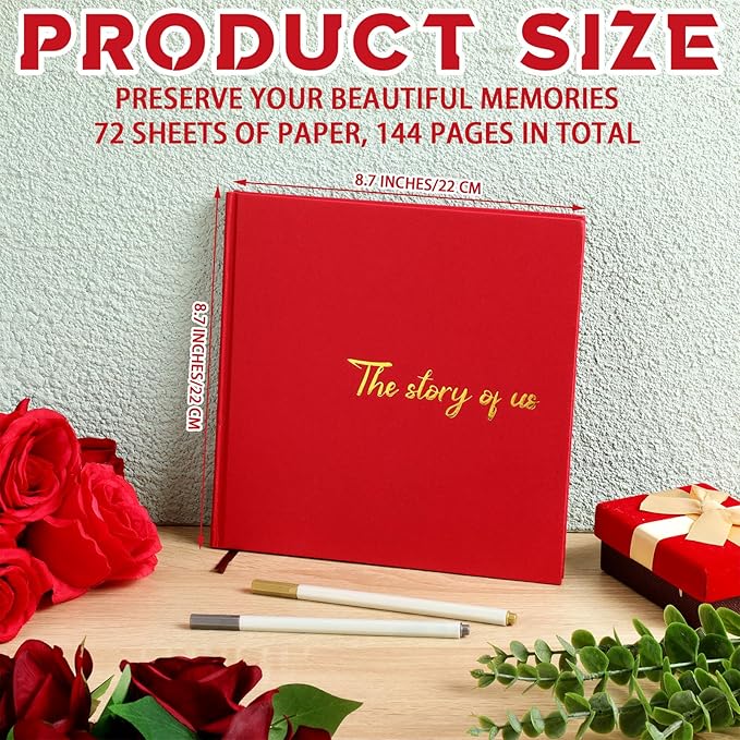 Colarr Hardcover Couples Scrapbook 144 Pages 8.7 x 8.7" Valentine Couples Photo Album Scrapbook Journal for 1 Year Wedding Memory Anniversary Photo Book Gift with 2 Markers(Red)