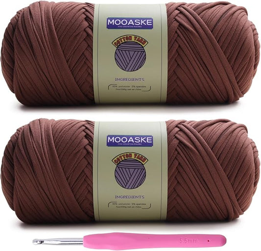 2 Pack T-Shirt Crochet Yarn for DIY Knitting Crochet Cloth Blanket Bag Dolls - 400g Chunky Thick Yarn for Crocheting with Polyester-Spandex Blend Elastic Fabric (Dark Brown)