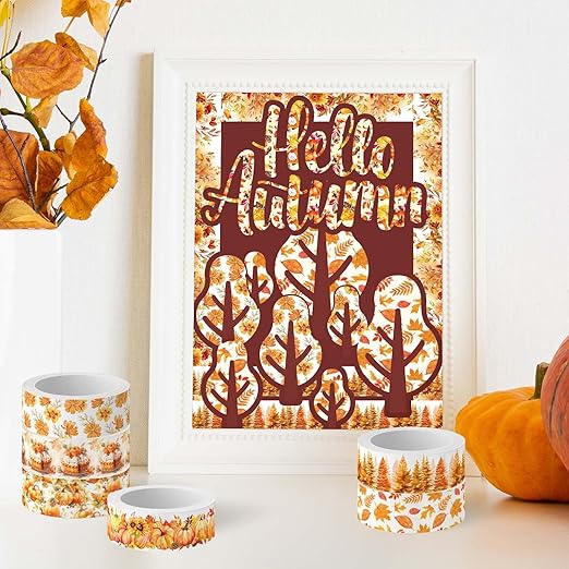Whaline 12 Rolls Fall Floral Washi Tape Watercolor Pumpkin Maple Leaves Washi Tape Autumn Decorative Masking Tape for Thanksgiving Harvest Scrapbook Journal DIY Art Craft Gift Wrapping