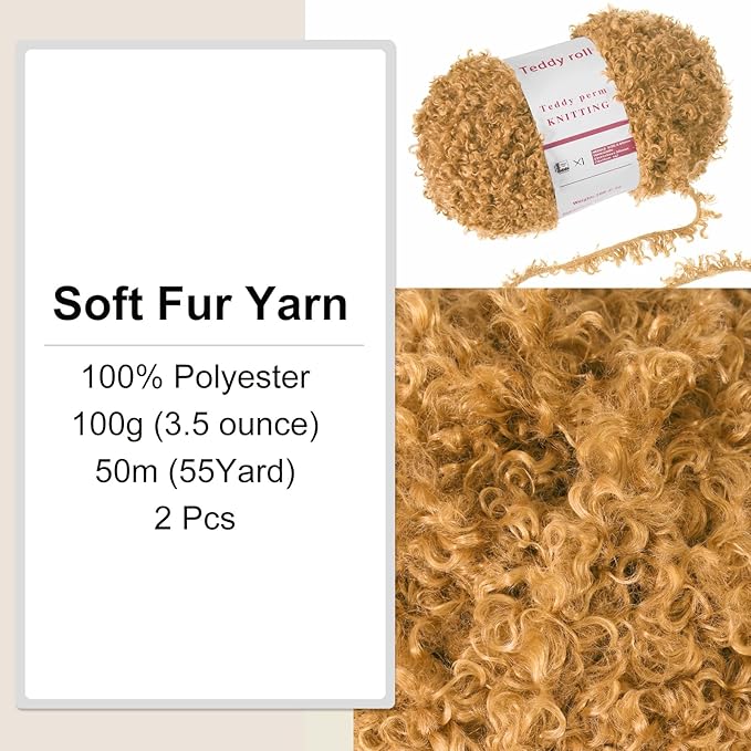 MECCANIXITY 2 Skeins Fur Yarn Soft Fluffy Chunky Yarn Fuzzy Eyelash Yarn Camel Brown for Crocheting Knit Clothes Bag - 55Yard/50m, 3.30ozx2