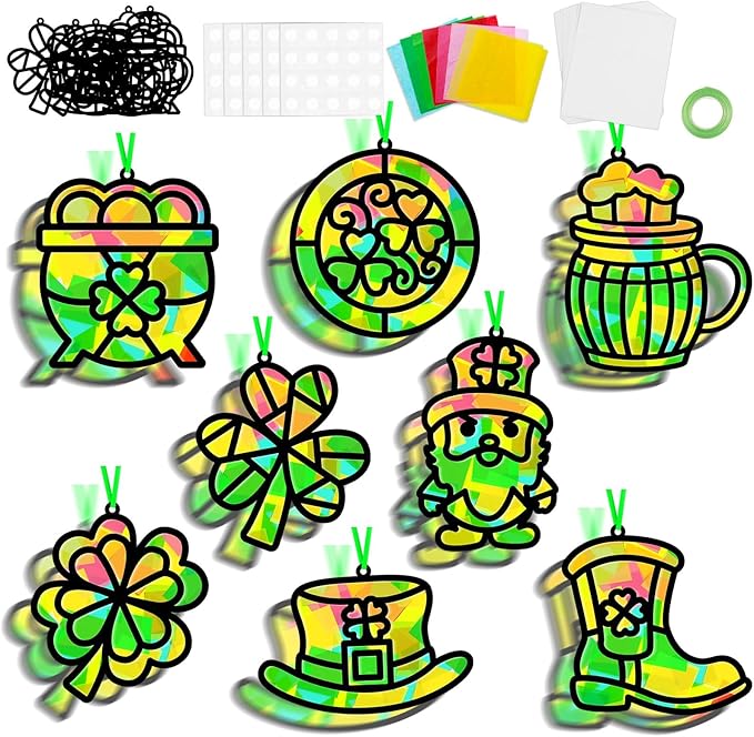 32 Sets St. Patrick's Day Suncatchers Craft Kit for DIY Irish Lucky Shamrock Leprechaun Window Stained Glass Effect Paper Suncatcher Decoration for Home School Classroom Party Activity Gift