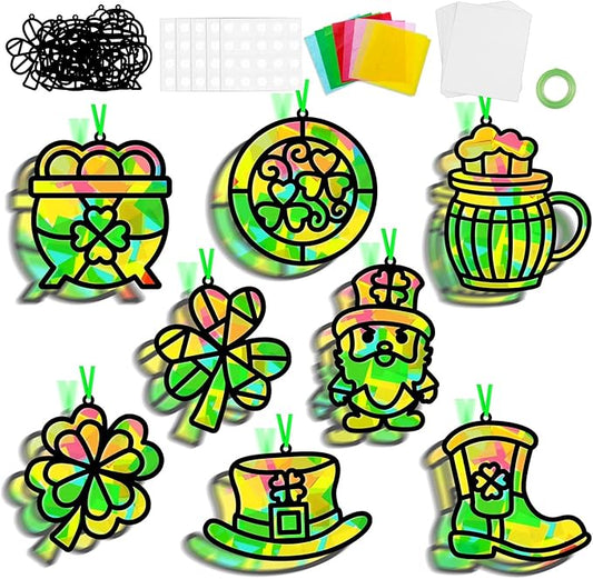 32 Sets St. Patrick's Day Suncatchers Craft Kit for DIY Irish Lucky Shamrock Leprechaun Window Stained Glass Effect Paper Suncatcher Decoration for Home School Classroom Party Activity Gift