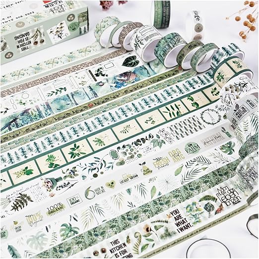 Washi Tape Set, 20 Rolls, Plant Botanical Green Washi Tape for Journaling, Decorative Tape for Scrapbooking, Junk Journal Supplies, Bullet Journaling