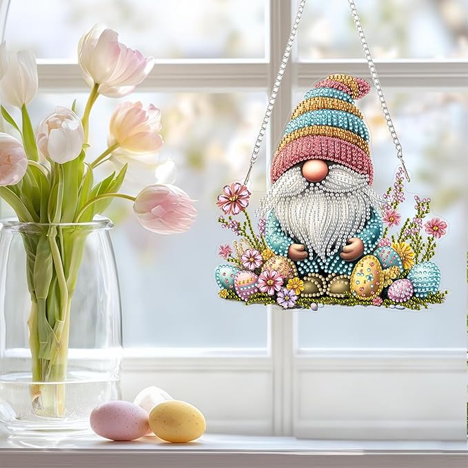 NAIMOER Easter Gnome Diamond Art Hanging Kits for Adults, 5D Special Shaped Rhinestone, DIY Acrylic Spring Diamond Art Painting Window Pendants Home Garden Wall Hanging Ornament Kits, Double Sided