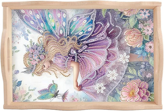 DIY Diamond Art Tray with Handle Diamond Art Painting Plate Creative Design Handmade Wooden Tray Mosaic Making Kits by Number Kits Diamond Art for Coffee Living Room Home Organizer (Purple Elf)