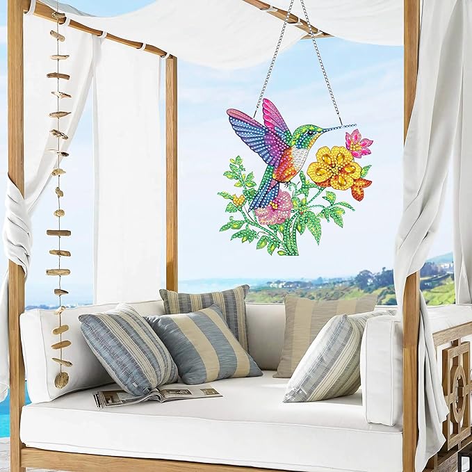 VAIIEYO Hummingbird Diamond Painting Hanging Ornament, Double Side Hanging Kit with Chain,7.5x7.5 inch Crystal Pendant Art Craft for Gift Home Wall Door Decoration 7.5x7.5 inch