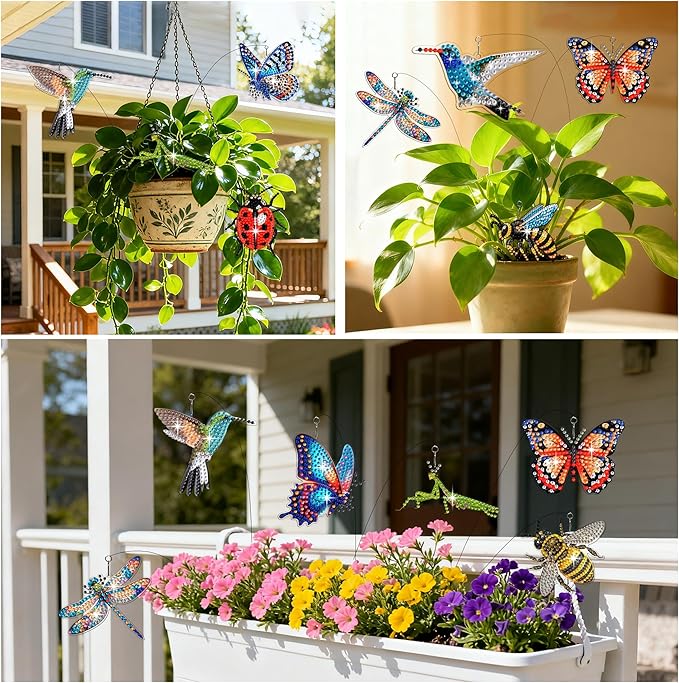 Muzagroo Art 10 Pcs Diamond Art Kits for Garden Decor Butterflies Hummingbirds Swaying in The Wind Insects Diamond Painting Kits for Adults with Iron Stakes Garden Decor Gem Art Kits Adults Crafts