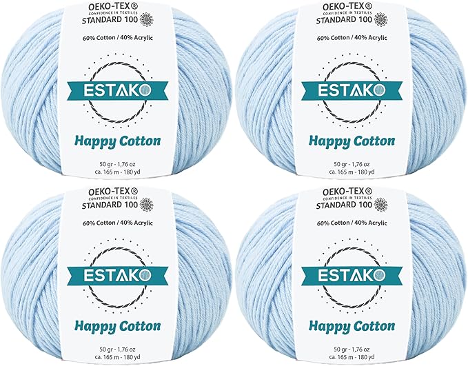 Estako Happy Cotton, (4 Skeins Pack) 60% Cotton 40% Acrylic Yarn, Soft, Fine/Sport (2) for Crochet and Knitting (4 x 1.76 Oz) / (4 x 180 Yrds) (4220 - Baby Blue)