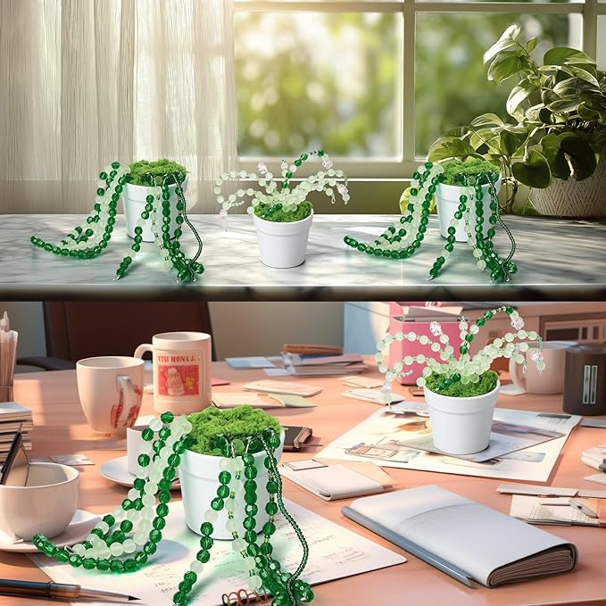 Hoolerry 2 Sets DIY Beaded Plant Kits 2.5 Inch Mini Beads and Planter Making Kit Crafts Desktop Vase Decor Green Beads Succulent Flower Kit Ornaments for Home Decor Plants Lover Handmade Gifts (White)