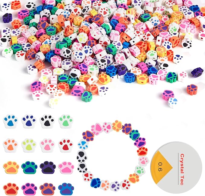 500 Pcs Cute Paw Print Polymer Clay Beads Charms for Crafts with Elastic String for Making Bracelet Necklace Craft Decoration DIY Crafts