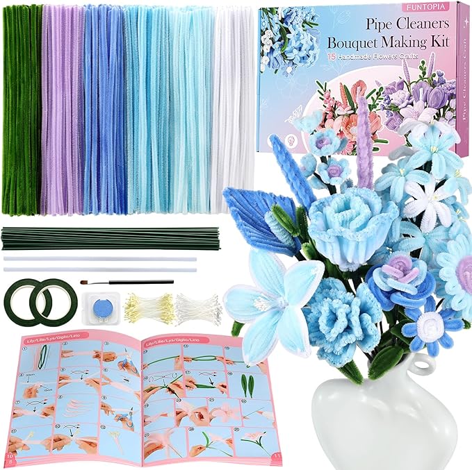 Funtopia Pipe Cleaner Flowers, 540 Pcs Pipe Cleaners Flower Kit, 6 Assorted Colors Pipe Cleaners Bulk with Instruction, Chenille Stems for DIY Flower Making Kit (Blue, 12in x 7mm)