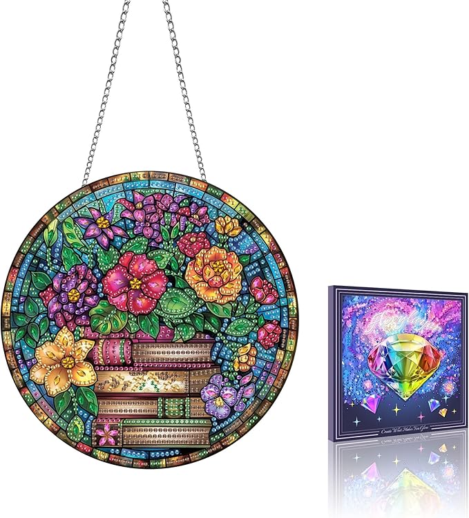 VAIIEYO Book Diamond Art Hanging Ornament, Flower Diamond Painting Suncatchers Window Hanging Kit with Chain, 7.5x7.5 inch Crystal Pendant Art Craft for Gift Home Wall Front Door Decoration