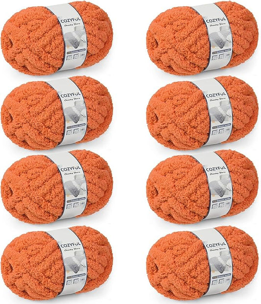 Chunky Yarn for Hand Knitting - #10 Chunky Chenille Yarn, Jumbo Big Thick Chunky Yarns for Crocheting, Super Bulky Chunky Knit Blanket Yarns, 8 Skein (25 yds 8 oz Each Skein), Pumpkin Orange