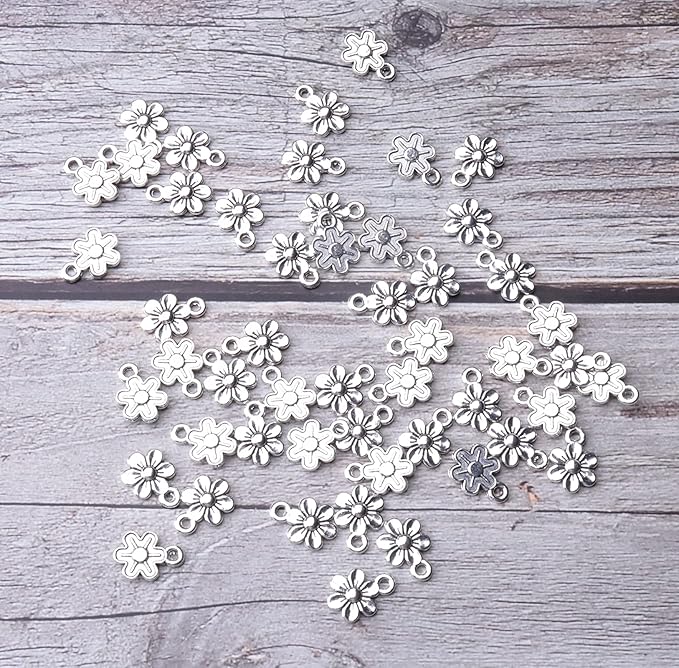 Ruwado 50 Pcs Little Flowers Charms Metal Vintage Cute Vintage Small Flower Pendants for Jewelry Making Kit Bracelet Necklace DIY Making Crafting Project Accessories Supplies (Silver)