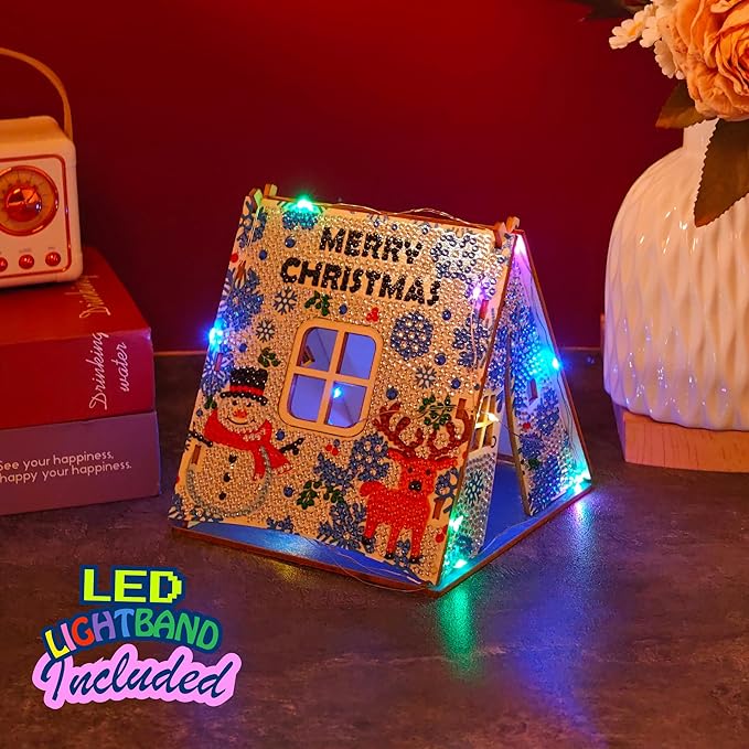 Party Ready 3D Diamond Painting Tent Craft Kit with LED Lights – Full Drill Crystal Mosaic Wood Puzzle, DIY Holiday Decorative Art for Home Display (Christmas Tent)