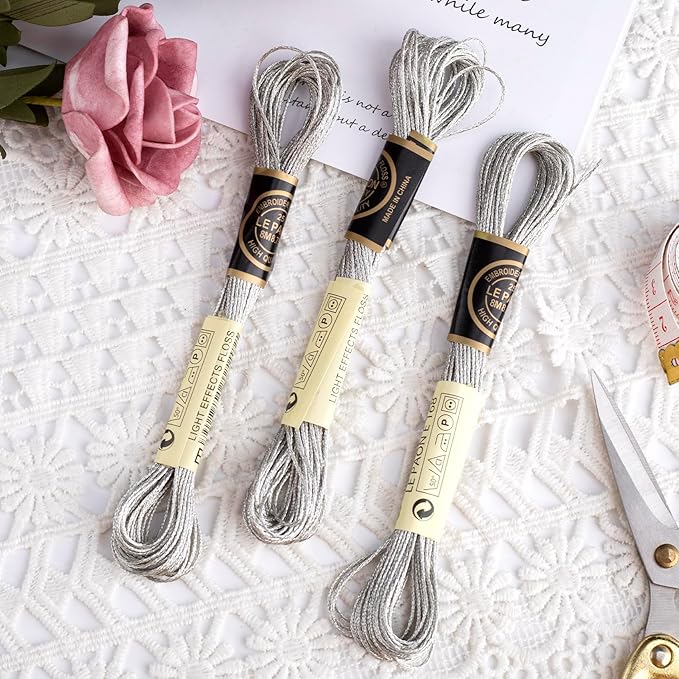 3 Skeins Metallic Embroidery Floss, Glitter Embroidery Thread String, Polyester Cross-Stitch Threads for Hand Embroidery, String Art, DIY Bracelet- Silver