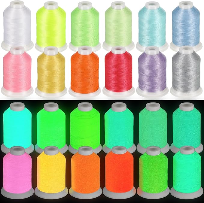 12 Colors Glow in The Dark Embroidery Thread Colorful Luminary Polyester Machine Accessories 550 Yard Sewing Thread for Embroidery Quilting Sewing Decorations