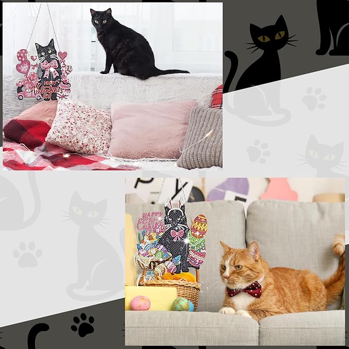 Cinnvoice 12 Pcs Seasonal Diamond Art Wreath Kits Holiday 5d DIY Diamond Art Hanging Signs Winter Spring Ornaments for Wall Door Decoration(Black Cat)