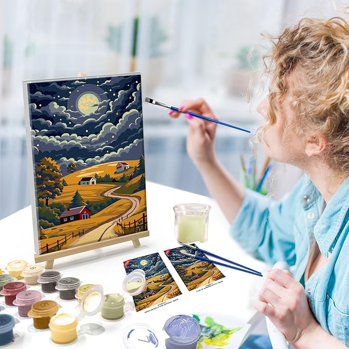 ATDMS Paint by Numbers Kit for Adults with Frame Landscape Paint by Number with Easel Moon Adult Paint by Number Kits Framed Canvas DIY Mountain Acrylic Oil Painting kits for Home Wall Decor 8x12 Inch