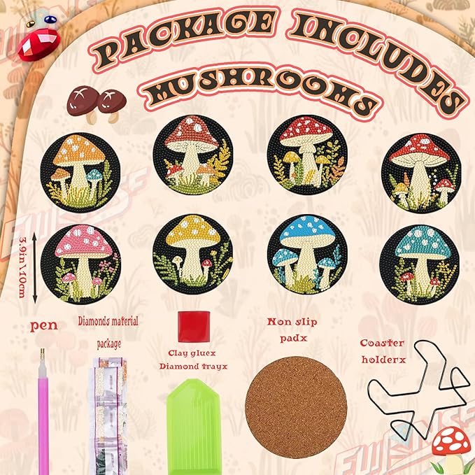 EWJRNSF 8 PCS 5D Diamond Painting Coasters Kits with Holder, Small Diamond Art Kits for Adults Beginners Diamond Dots Arts and Crafts Gems Supplies Item Mushroom Shaped