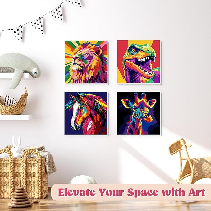 Lxmsja 4 Pack Pop Neon Animal Paint by Numbers Kit for Adults, Easy Framed Paint by Numbers for Adults Beginner, DIY Acrylic Oil Painting Craft Kits for Home Wall Decor 8x8 inch