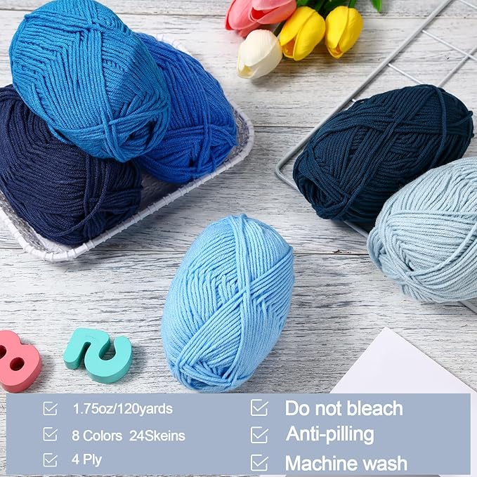 24 Skeins Soft Cotton Yarn Total 2880 Yards Assorted Colors Yarn for Crocheting and Knitting 4 Ply Acrylic Gauze for DIY Crafts Project, Each Skein 1.76 Oz/120 Yard(Blue Series)