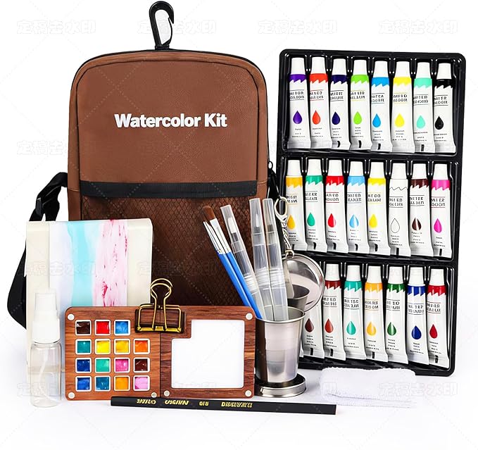 Mini Watercolor Paint Set, Premium Pocket Watercolor Travel Kit, With 24 Watercolor Paints, 15-Grid Black Walnut Palette, Crossbody Bag, Oil Painting Paper Sketchbook, Ideal for art lovers