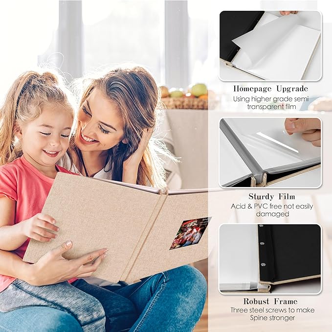 Spbapr Large Photo Album Self Adhesive 3x5 4x6 5x7 8x10 Pictures Magnetic Scrapbook Linen Cover DIY Album with A Metal Pen 11"x10.6"40pages