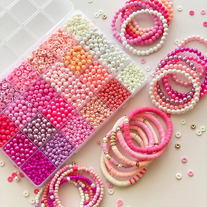 Pink Clay Beads for Bracelets Valentines Day Bracelets Making Kit Seed Beads Pearl Acrylic Glass Plastic Bead Friendship Bracelets Bead for Jewelry Making
