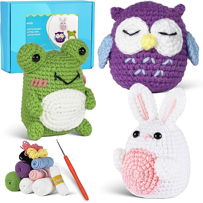 YESJOLI Crochet Animals kit for Beginners,Crochet Knitting kit Crafts for Adult Women DIY with Step-by-Step Video,Easy Learn tutorials to Crochet Kits,Yarns,Hook,Accessories (White Rabbit Frog owl)